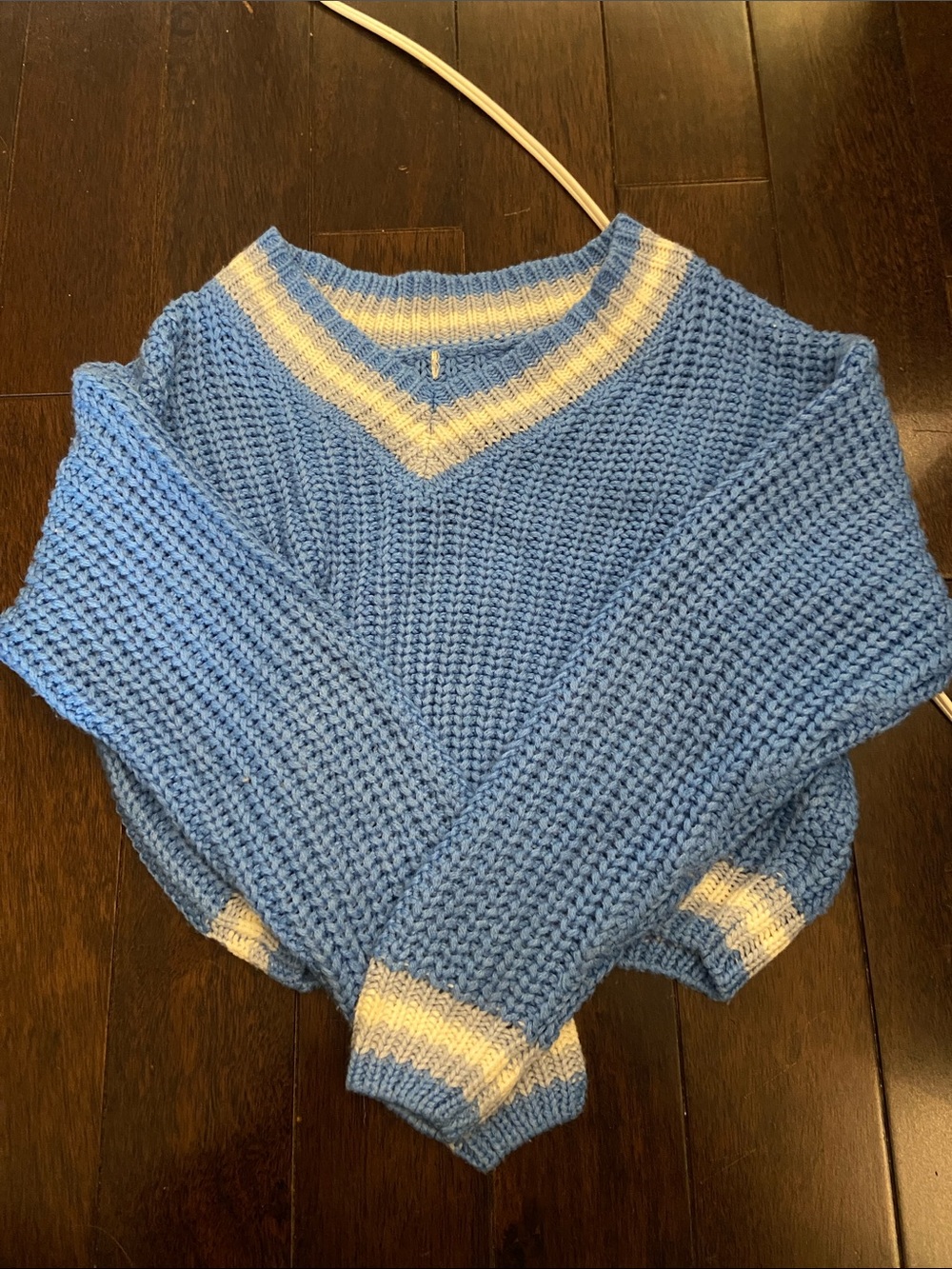 Blue V-Neck Chunky Knit Sweater with White Trim